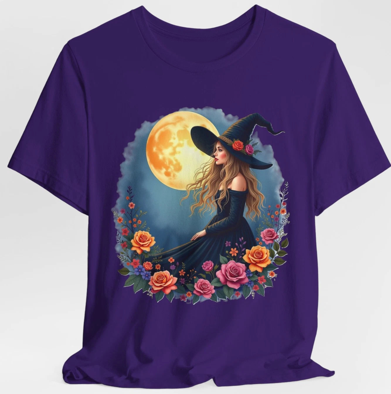 Witch Under Full Moon Roses T-Shirt Mystical Floral, Wiccan Aesthetic Halloween