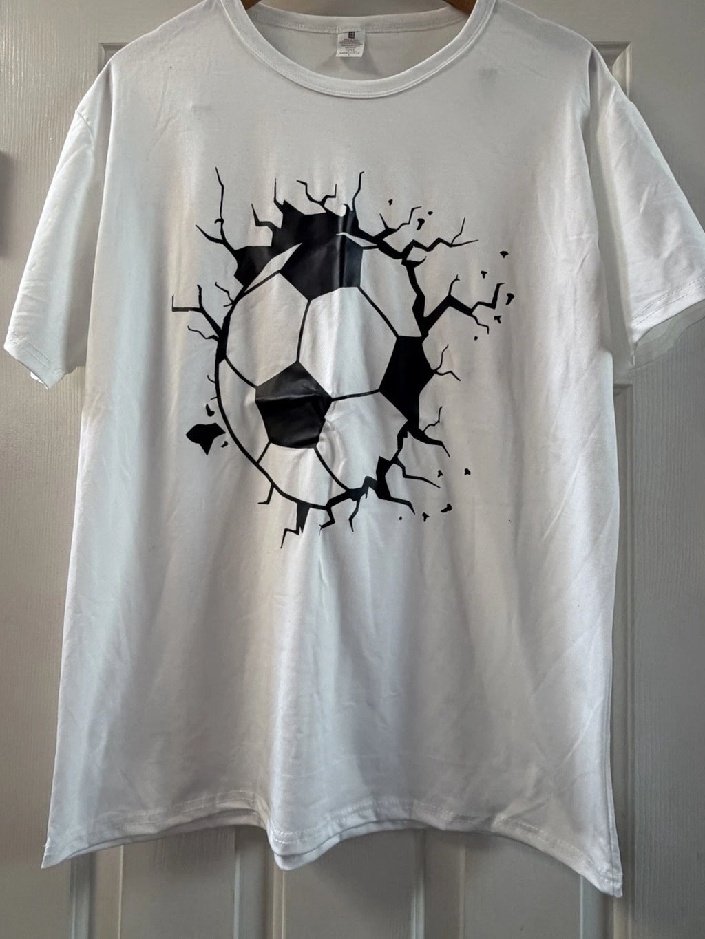 Soccer Ball Graphic T-Shirt Cracked Wall Design White Unisex Sports Tee