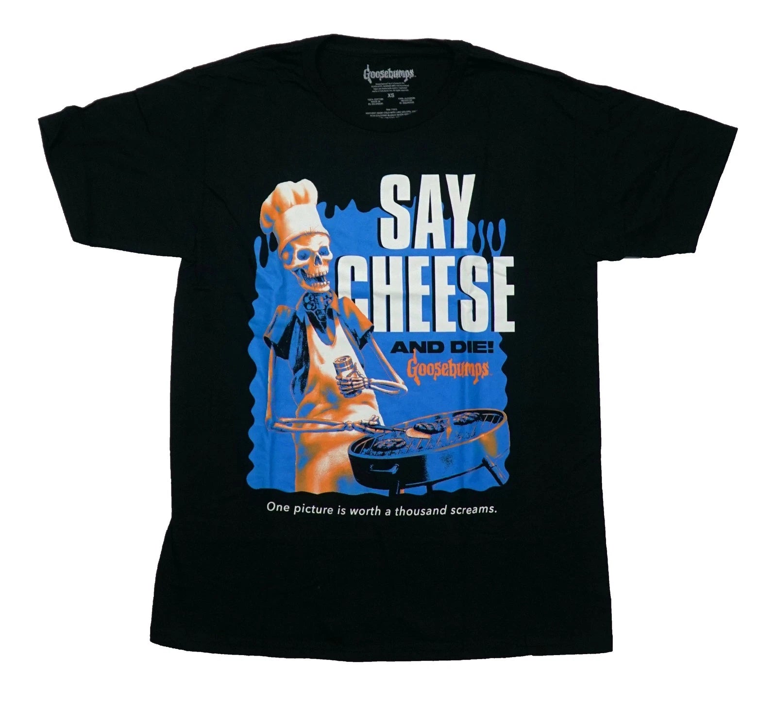 Goosebumps New Adult T-Shirt - Skeleton Grilling Say Cheese and Die!