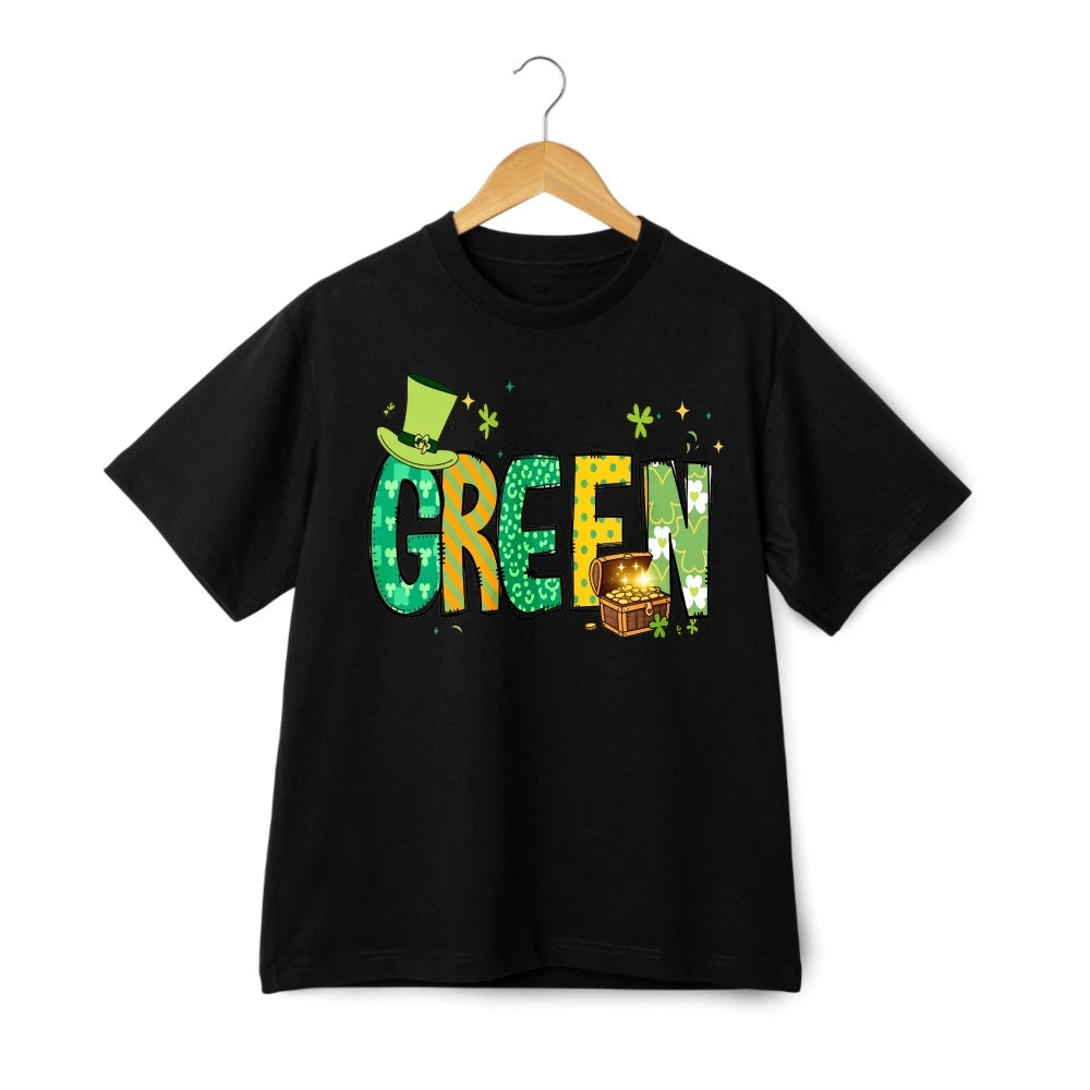 Unisex St. Patrick's Day GREEN T-Shirt-Leprechaun & Gold Treasure Graphic Tee