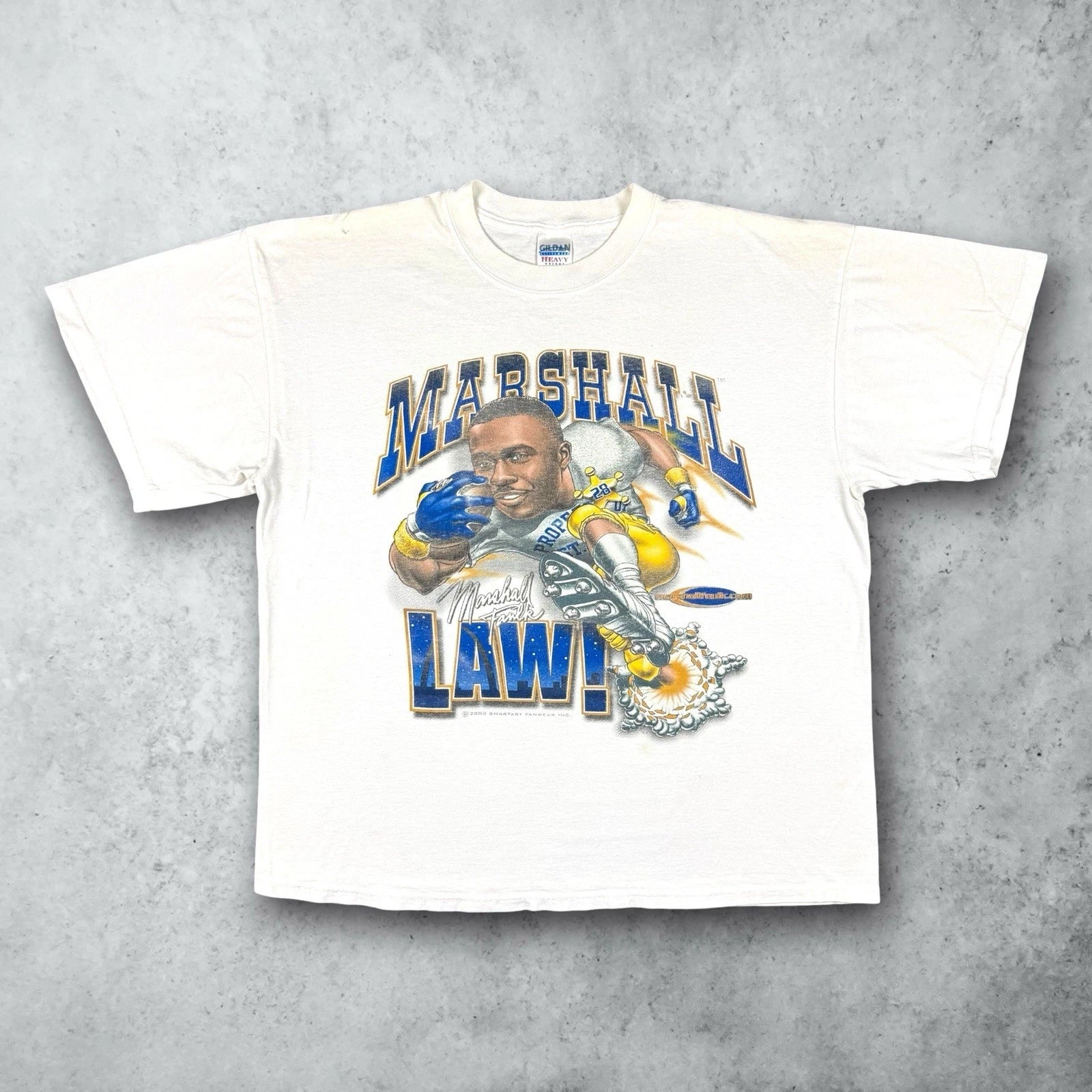 Vintage 90s Marshall Faulk St Louis Rams Marshall Law Caricature T-Shirt Size XL