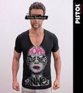 Pistol Boutique men's Black Fitted Deep V neck GRAFFITI SUNGLASSES GIRL T-shirt