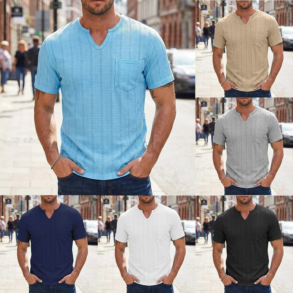 Plaid Texture Men's T Shirt with Loose Fit and V Neck for Warm Weather Use