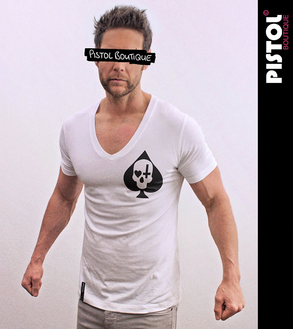 Pistol Boutique Men's White Cotton Deep V Neck Fitted Short Sleeve T-Shirt