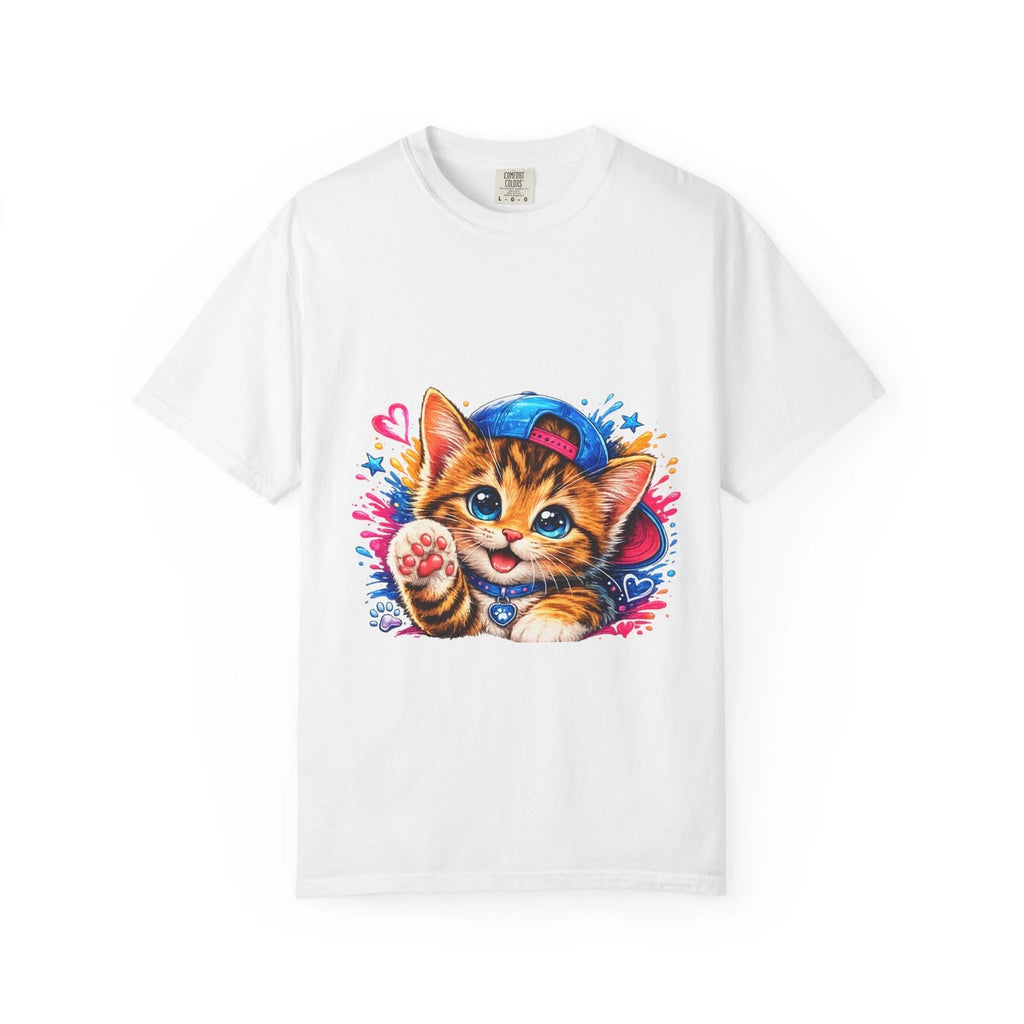 Cute Kitten with Cap T-Shirt | Colorful Paw Print Cat Design