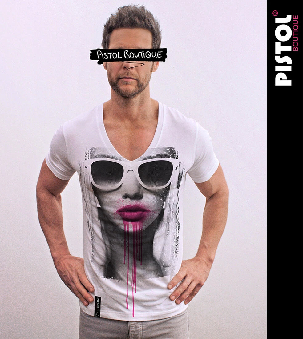 Pistol Boutique Men's Fitted White Deep V Neck SUNGLASSES GIRL LIPS T-shirt