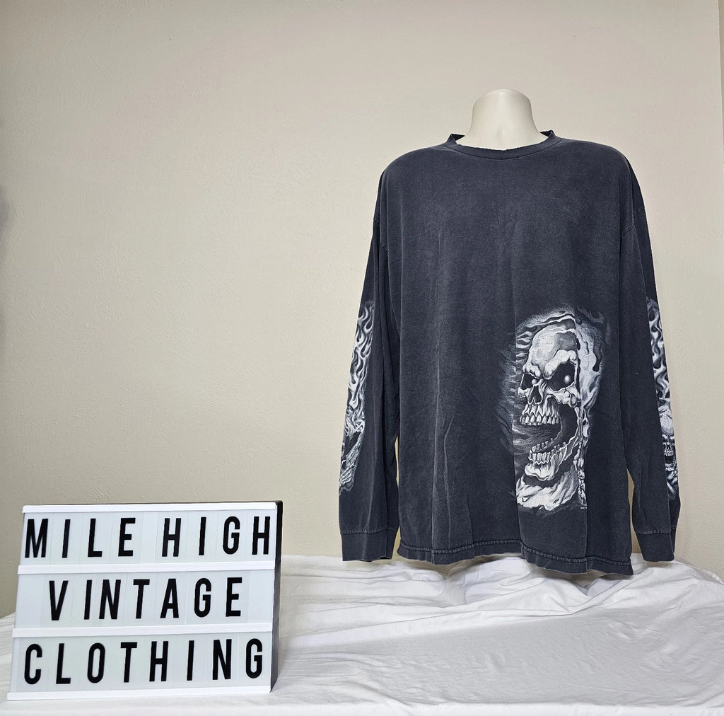 Vintage Hot Leathers Shirt 2XL XXL Y2K Skeletons Long Sleeve Adults Destroyed