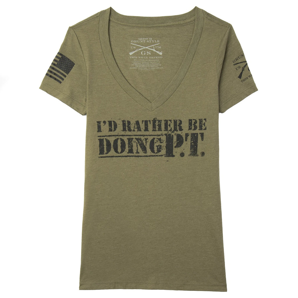 Grunt Style Women's I'd Rather Be Doing PT V-Neck T-Shirt - Military Green