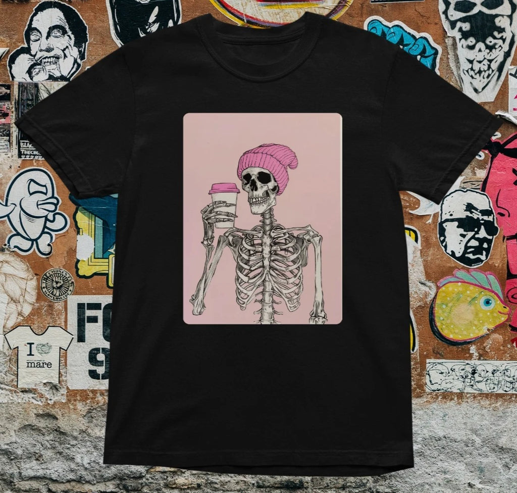 Hipster Skeleton Coffee T Shirt – Funny Goth Pastel Aesthetic Tee – Pink Beanie