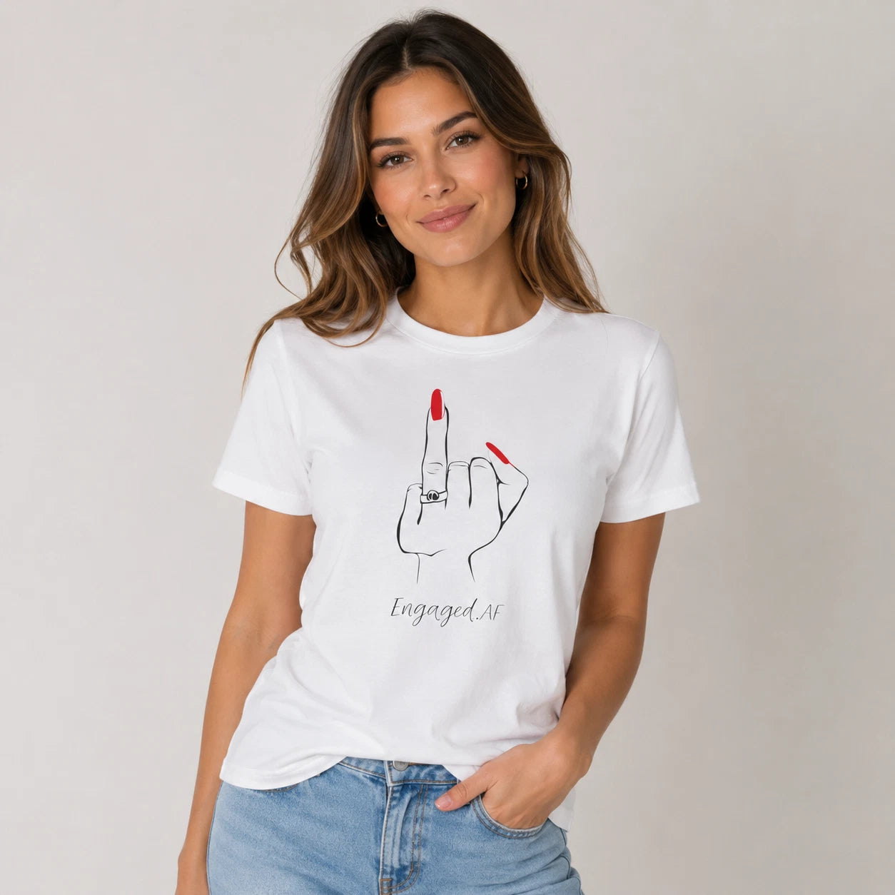 Engaged AF T-Shirt Funny Engagement Ring Middle Finger Tee Gift Unisex White Top