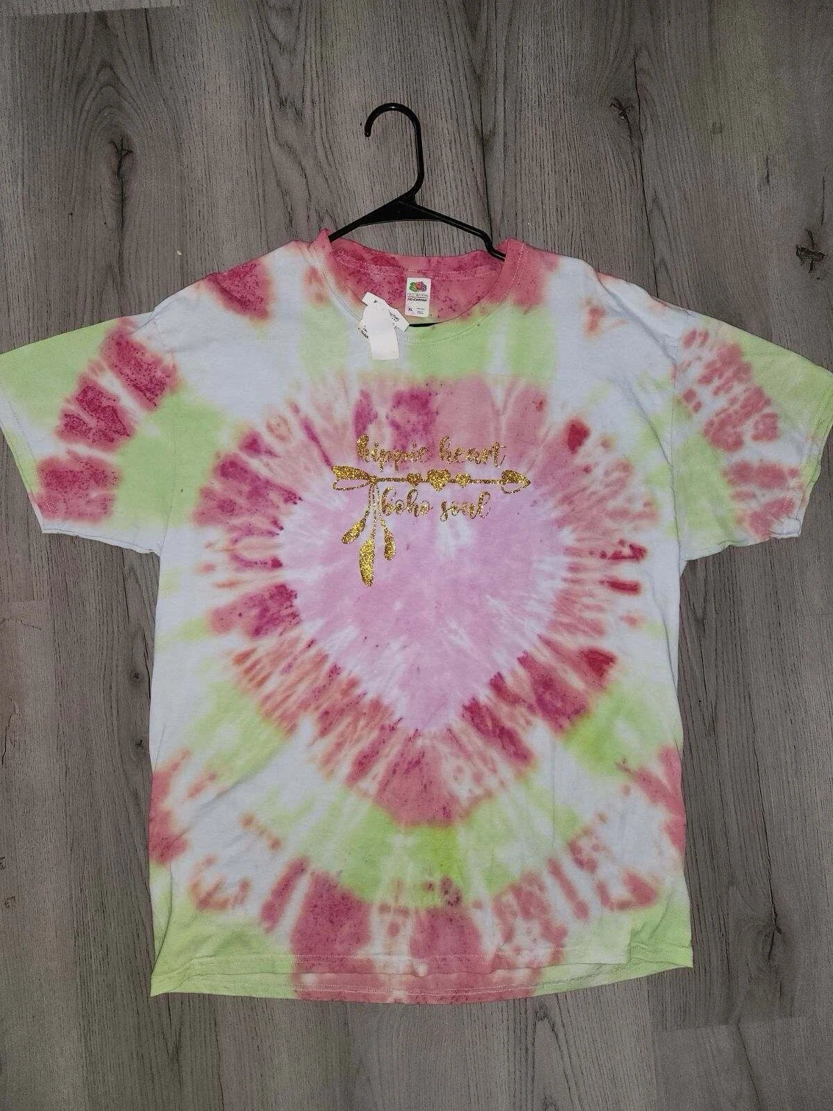 Hand Made Unisex XL Tie Dye T-shirt “Hippie Heart Boho Soul” Graphic & Heart