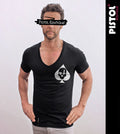 Pistol Boutique men's Black Deep V neck CHEST ACE SPADES SKULL CROSS T-shirt