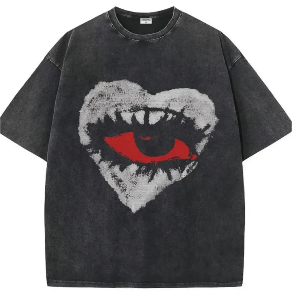 230g Heavyweight Vintage Washed Gothic Heart Red Eye Graphic T-Shirt, 100% Cotto