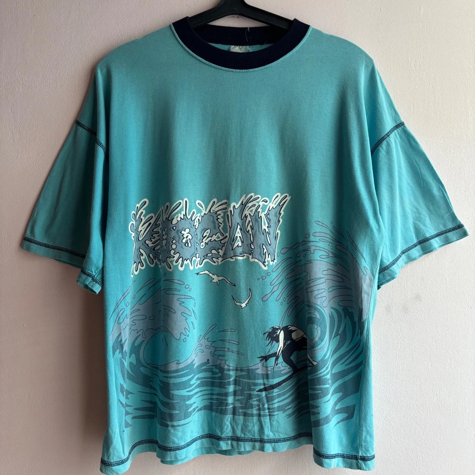 Vintage 80s Surf Ocean Graphic T-Shirt Boxy Fit Double Sided Aqua Blue