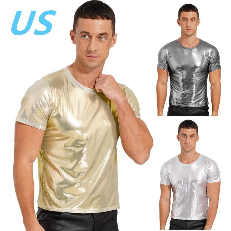 AU Men's Shiny Metallic Slim Fit T-shirt Short Sleeve Round Neck Tops Clubwear