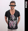 Pistol Boutique Men's Black Tattoo Marilyn Monroe Deep V-Neck Fitted T-Shirt