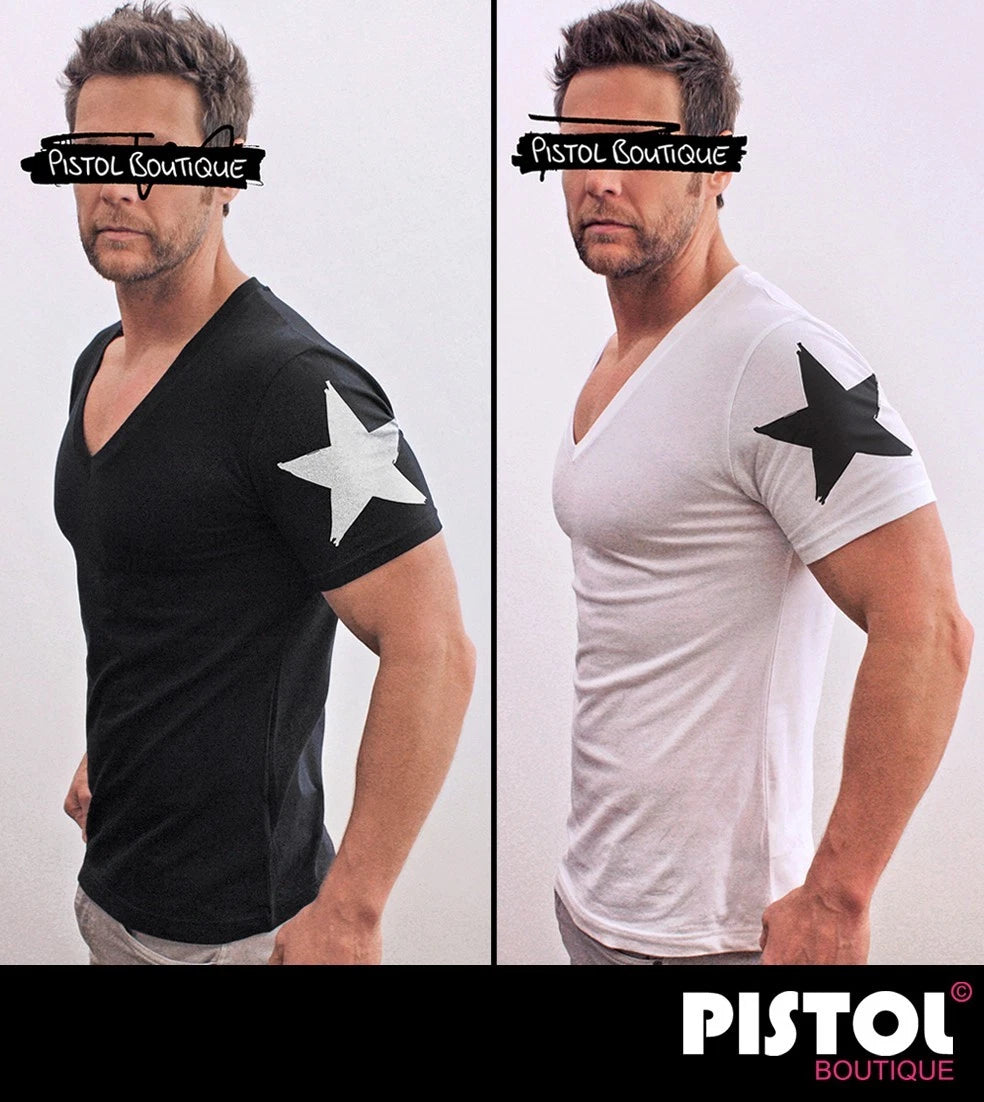 Pistol Boutique Men's Fit Deep V Neck T-Shirt Star Star Stars Print