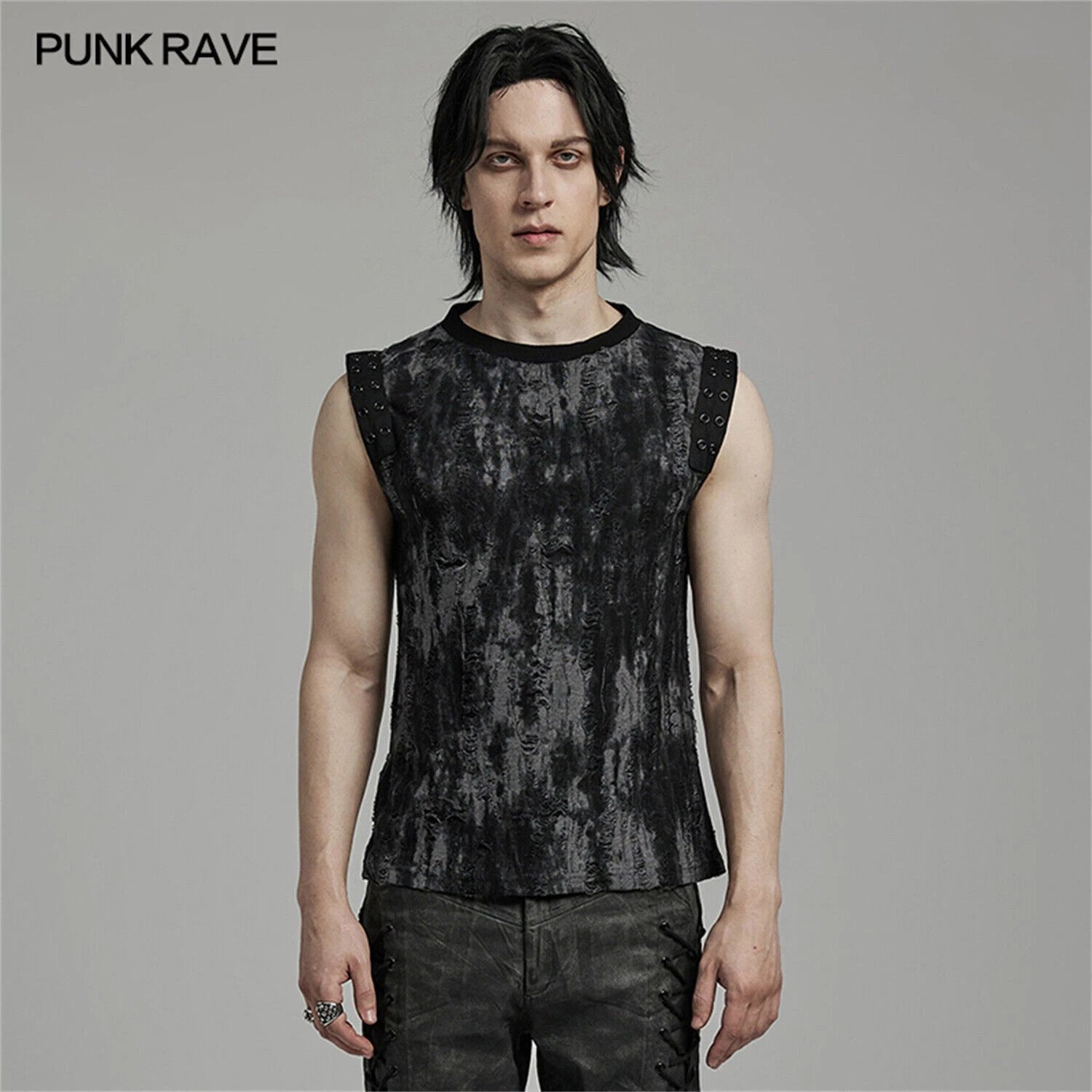 PUNK RAVE Men Gray Gothic Punk Decadent Daily Fitted Tank Top Sleeveless Shirt