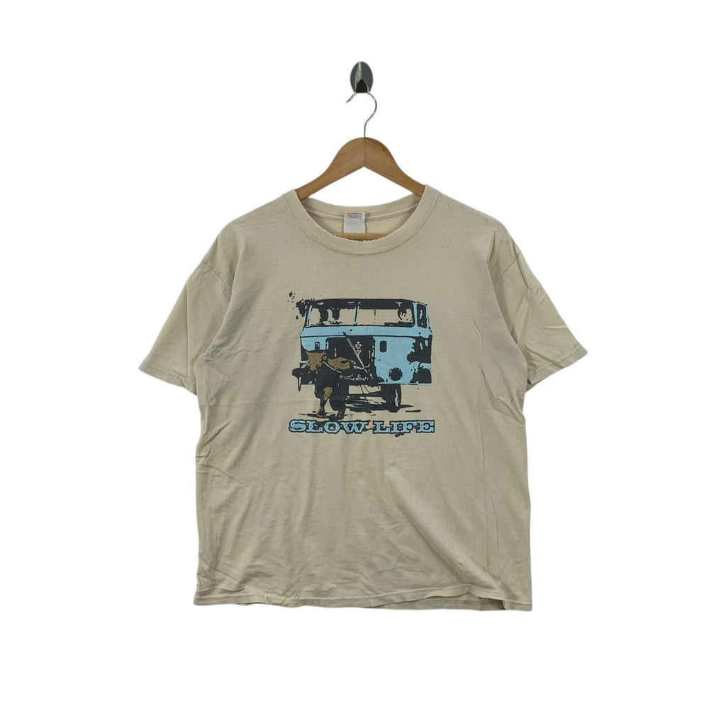 Vintage THE SLOW LIFE Modern Streetwear Thrashed Tee Shirt Top Natural