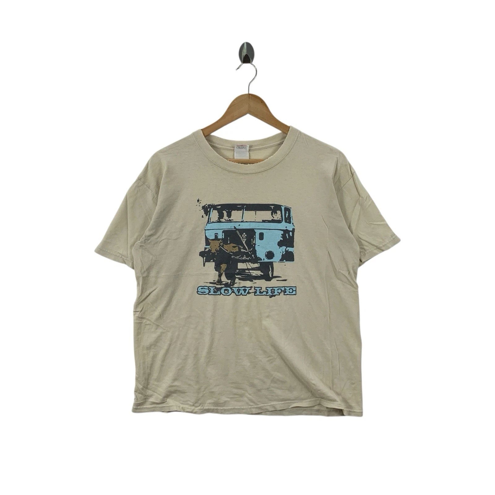 Vintage THE SLOW LIFE Modern Streetwear Thrashed Tee Shirt Top Natural