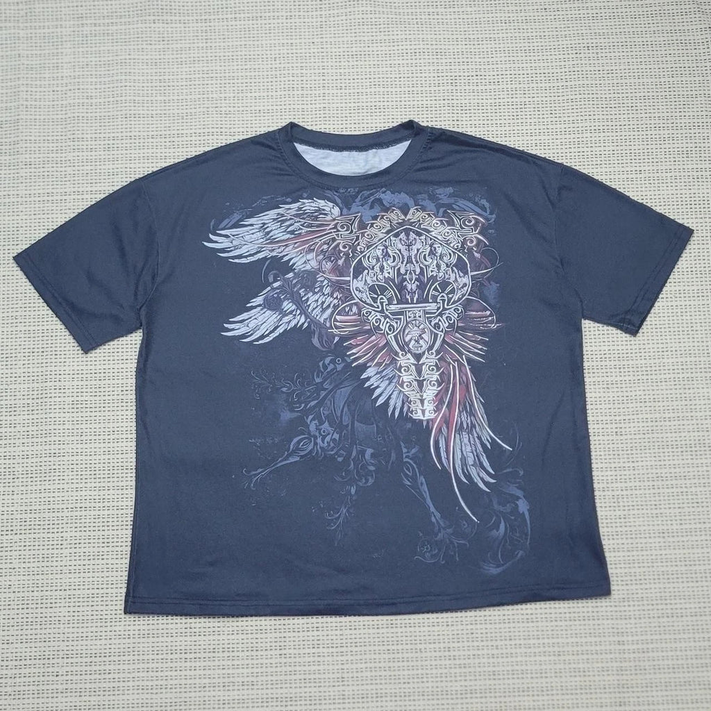 Y2k style cross and wing, tattoo style graphic tshirt