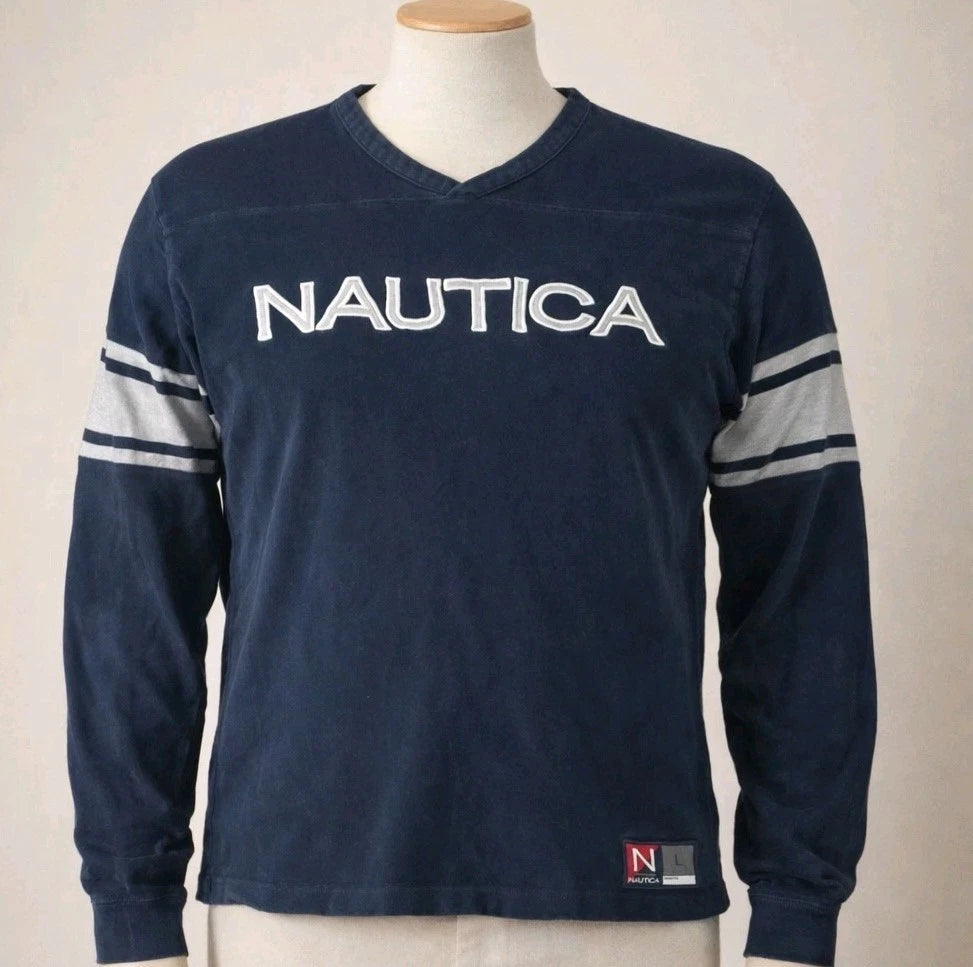 Vintage Nautica 83 Jersey Shirt Mens Large Navy Blue Embroidered Heavy Cotton