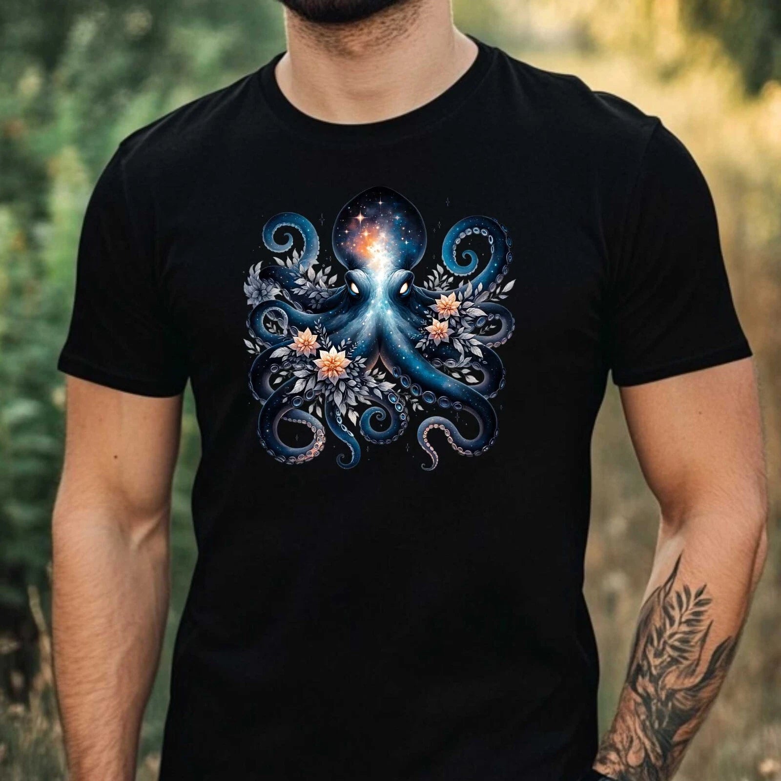 Mens Watercolour Underwater Motif Cotton T-Shirt Size XS to 5XL