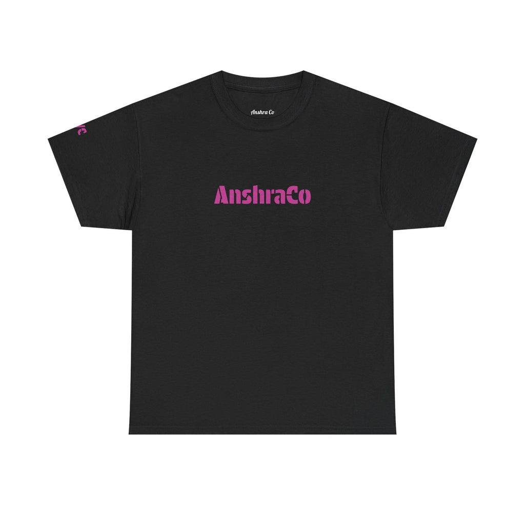 AnshraCo Logo Tee | Black T-Shirt, Pink Text