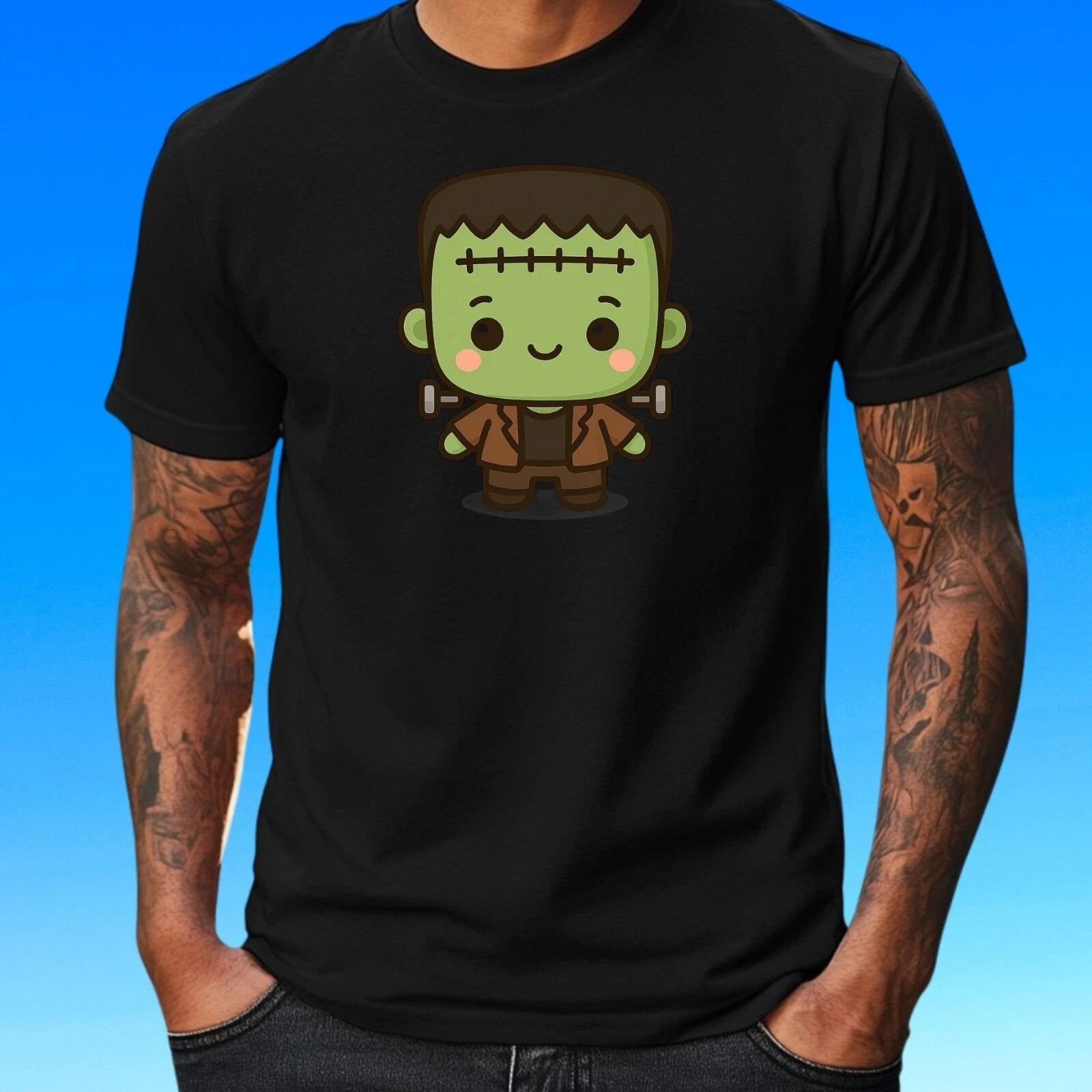 Mens Kawaii Frankenstein Motif Cotton T-Shirt Size S to 5XL