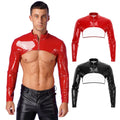 Mens Clubwear Front Zipper Crop Top Stand Collar Shrug Soft Vest Shiny Slim Top