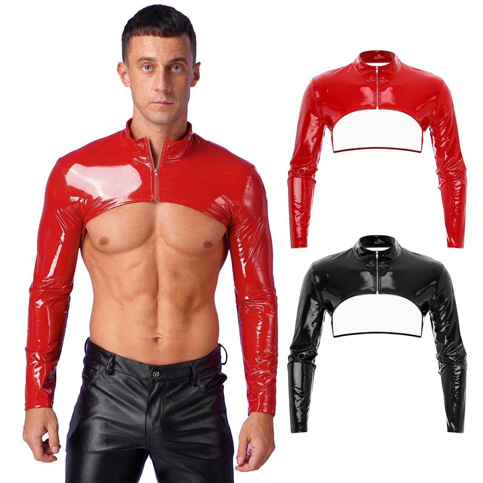 Mens Clubwear Front Zipper Crop Top Stand Collar Shrug Soft Vest Shiny Slim Top