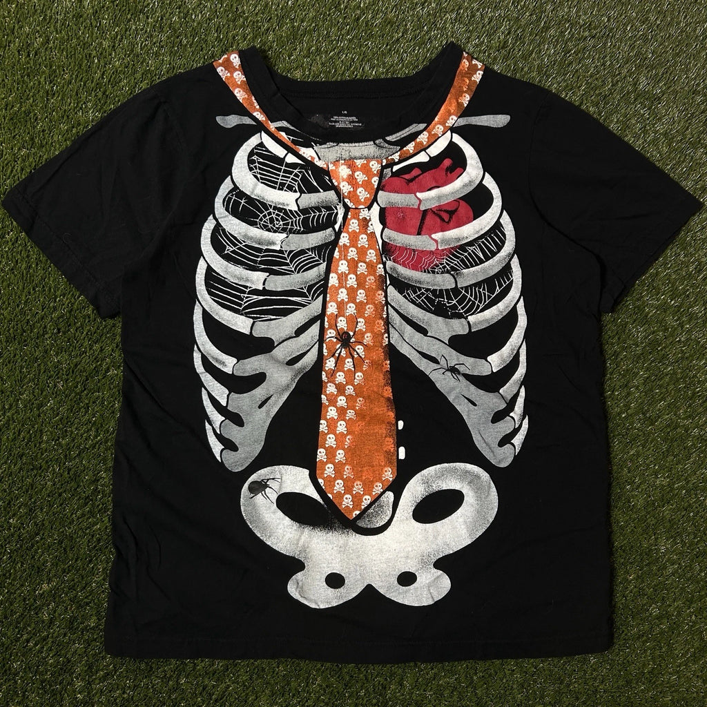Y2K Grunge Halloween Skeleton Ribcage Spider Graphic Tie T-Shirt