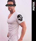 Pistol Boutique Men's Fitted White Deep V neck Sleeve SKULL HEART CROSS T-shirt