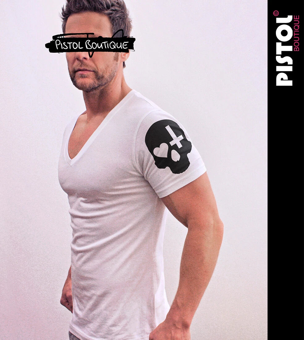Pistol Boutique Men's Fitted White Deep V neck Sleeve SKULL HEART CROSS T-shirt