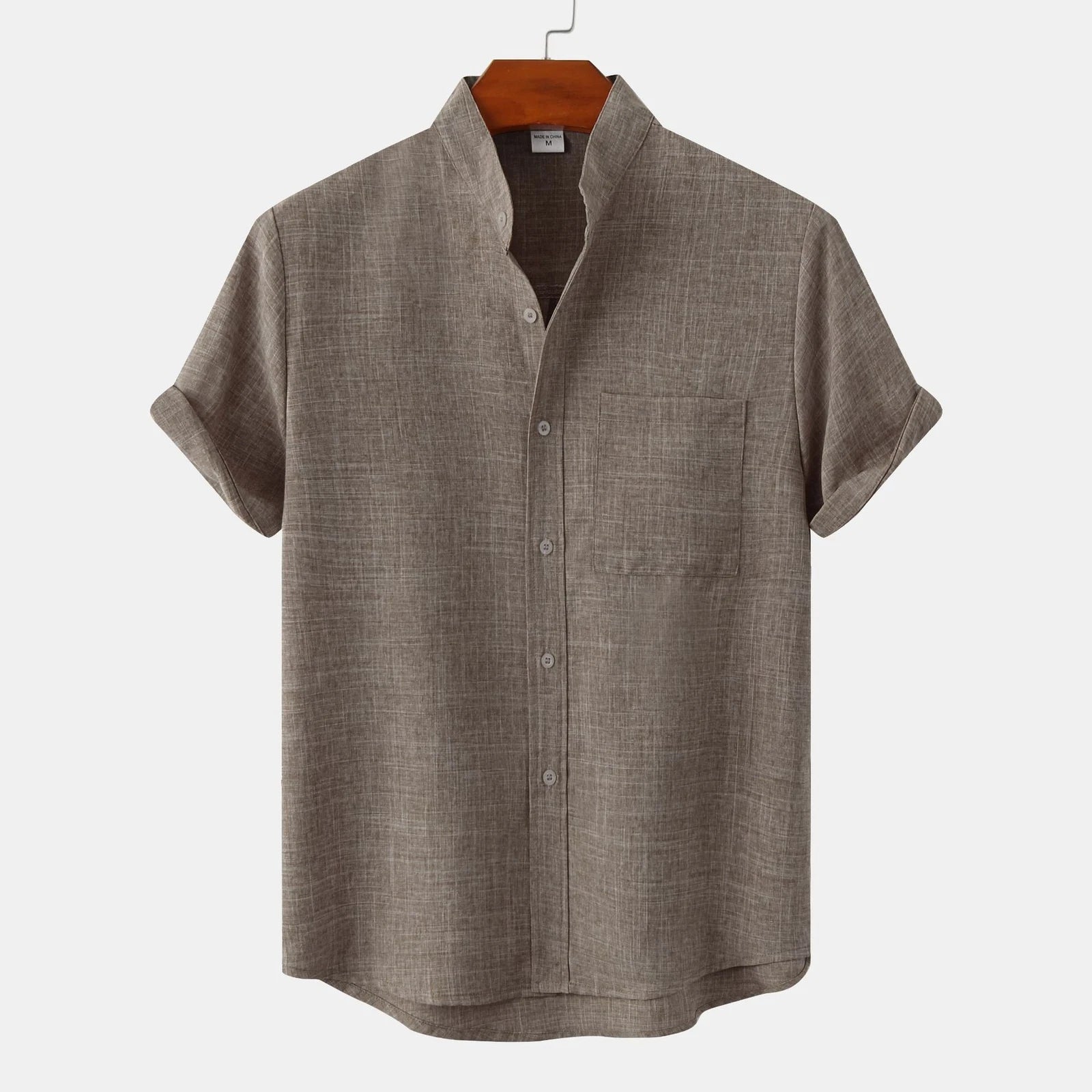 Mens Stand Collar Solid Color Shirt Casual Loose Button Short Sleeve Blouse Top