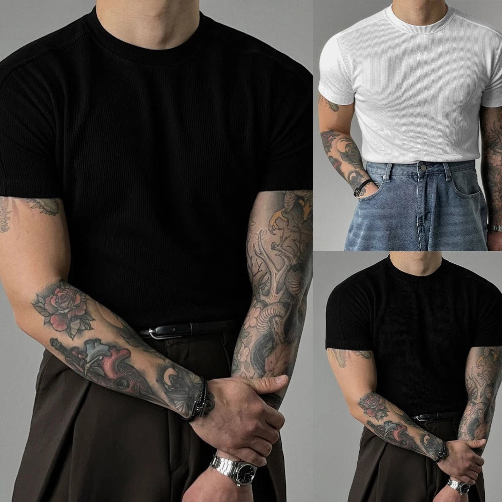 Men Fitness Tee Short Sleeve Small High Collar Slim Fit 95%Polyester+5%Spandex