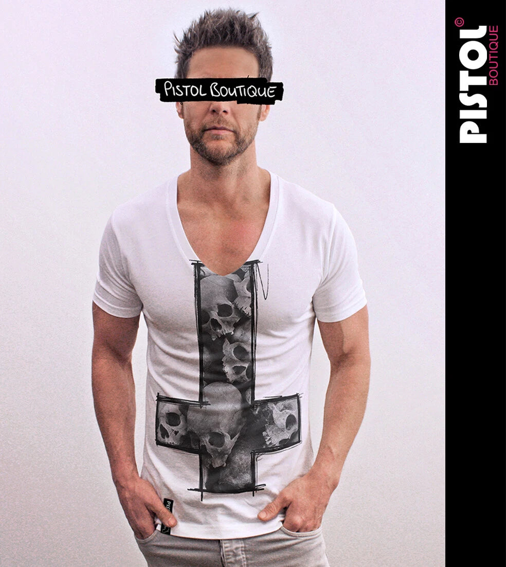 Pistol Boutique Men's Fitted White Deep V Neck SKULL SKETCH CROSS T-shirt