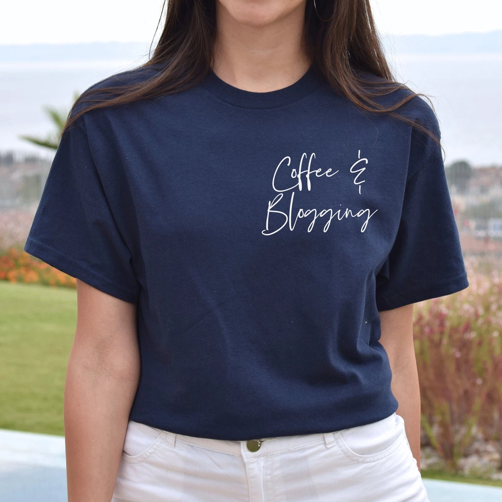 Coffee and blogging pocket Unisex T-shirt Blogger tee Black Navy Dark Heather