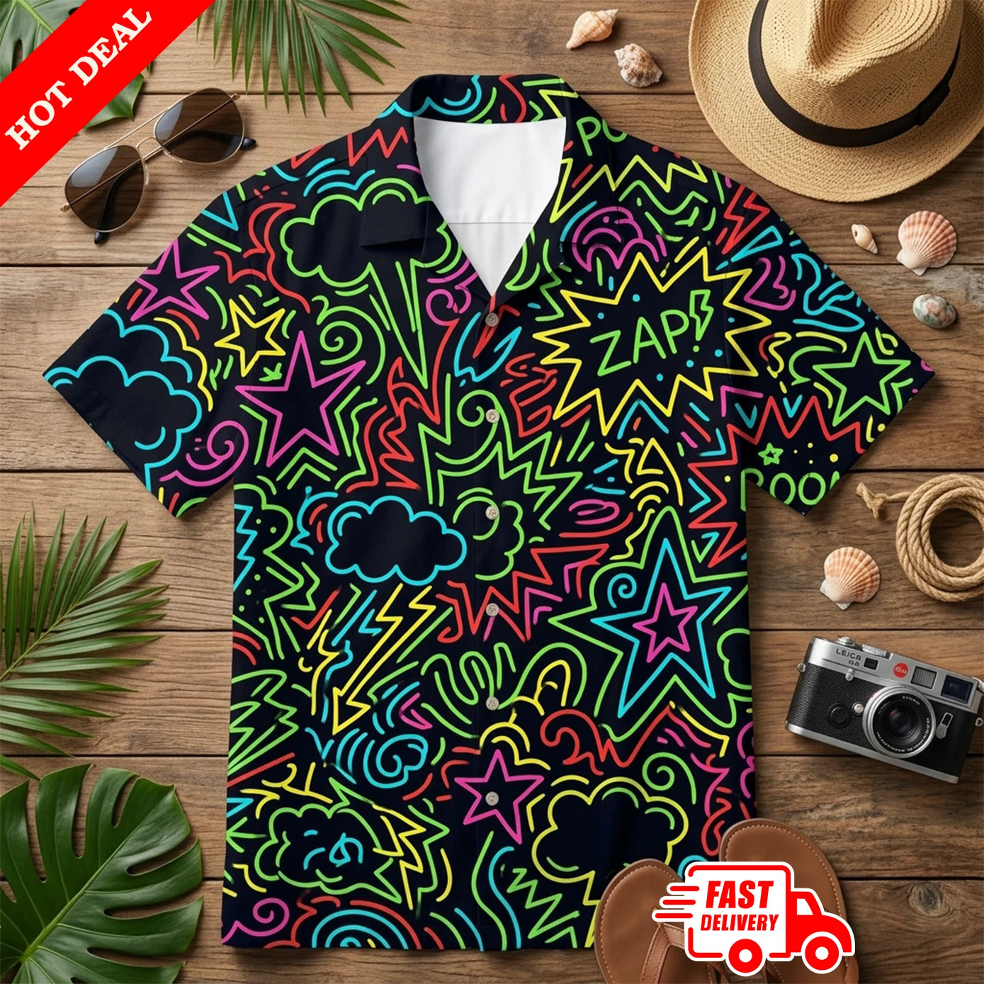 Comic Book Pop Art Hawaiian Shirt Men Neon Zap Button Down Short Sleeve Party