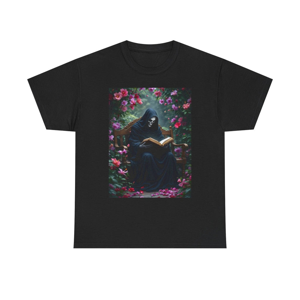 Grim Reaper T-Shirt, Unique Design with Death Reading a Book Floral Background