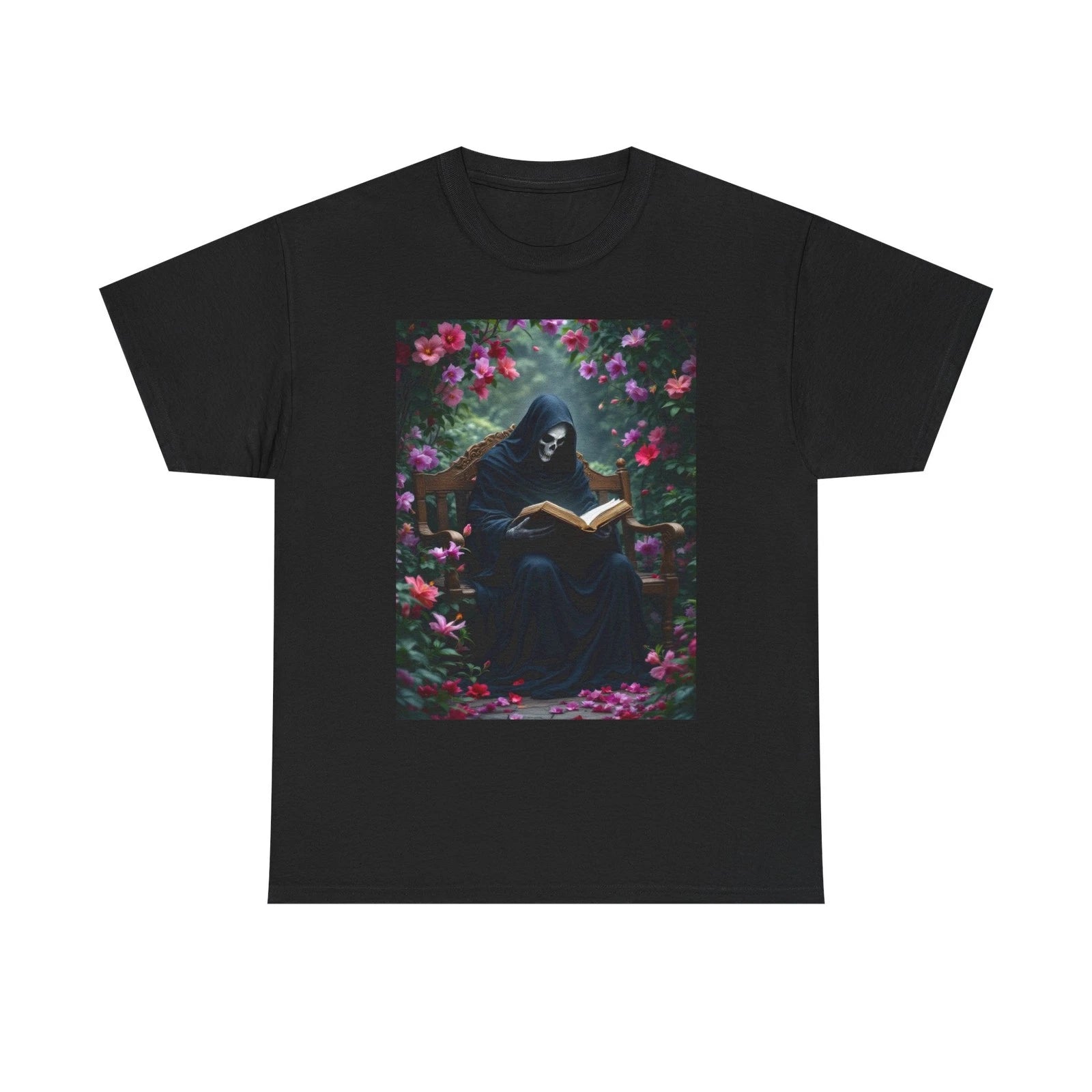 Grim Reaper T-Shirt, Unique Design with Death Reading a Book Floral Background