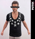 Pistol Boutique Men's Fitted Black Deep V neck SKETCH CHEST STARS T-shirt