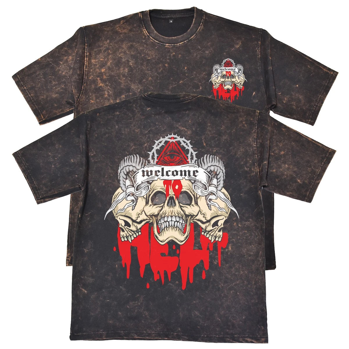 Welcome To Hell Unisex Mens Rust 240gsm French Terry Acid Wash T-Shirt Gift