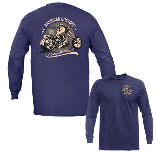 American Customs Bikers Vintage Classic Custom Motorcycle Long Sleeve T-Shirt