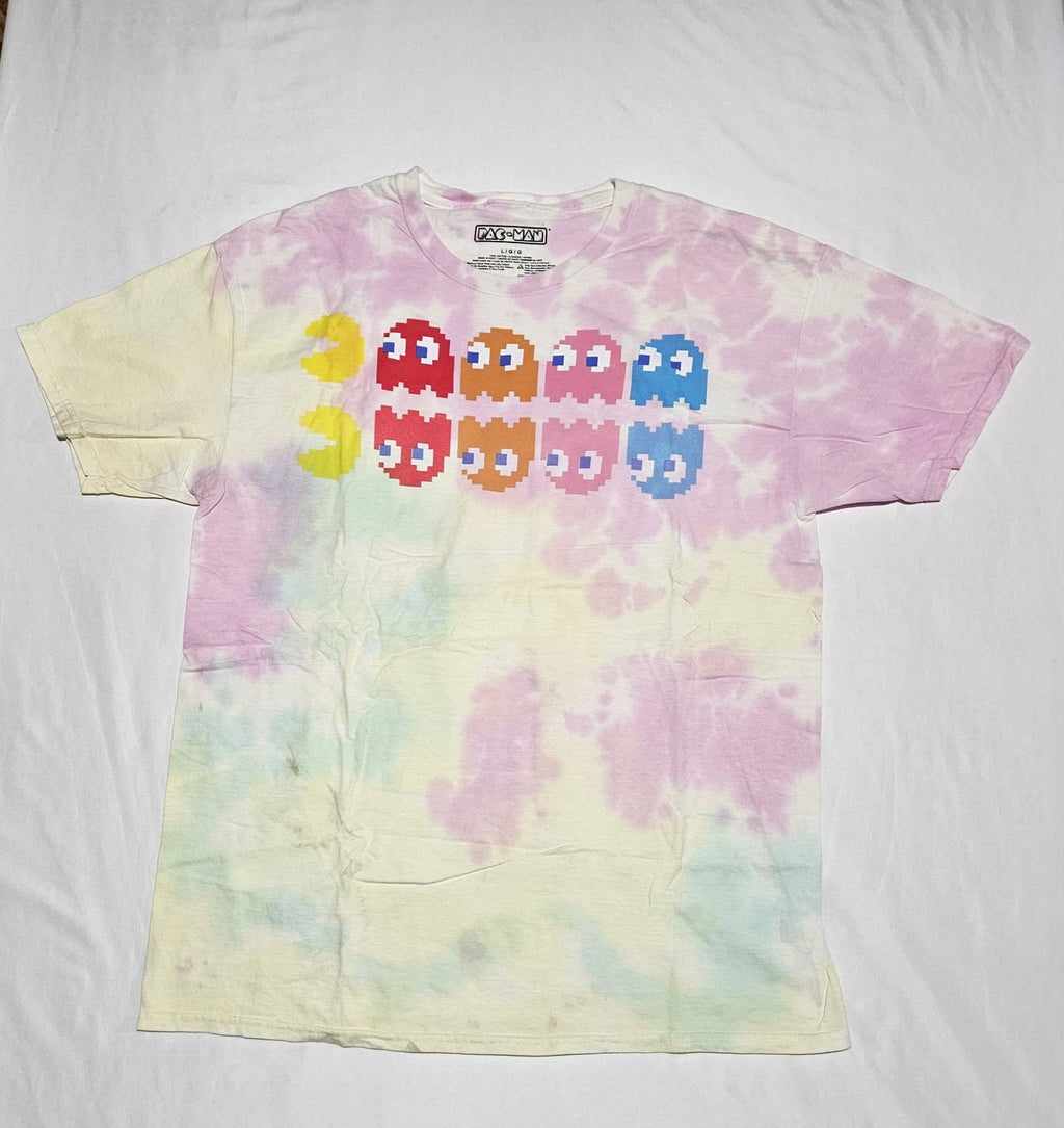 Pac-Man L Unisex Pink Tie Dye Ghosts Pixel Art Retro Arcade Graphic T-Shirt