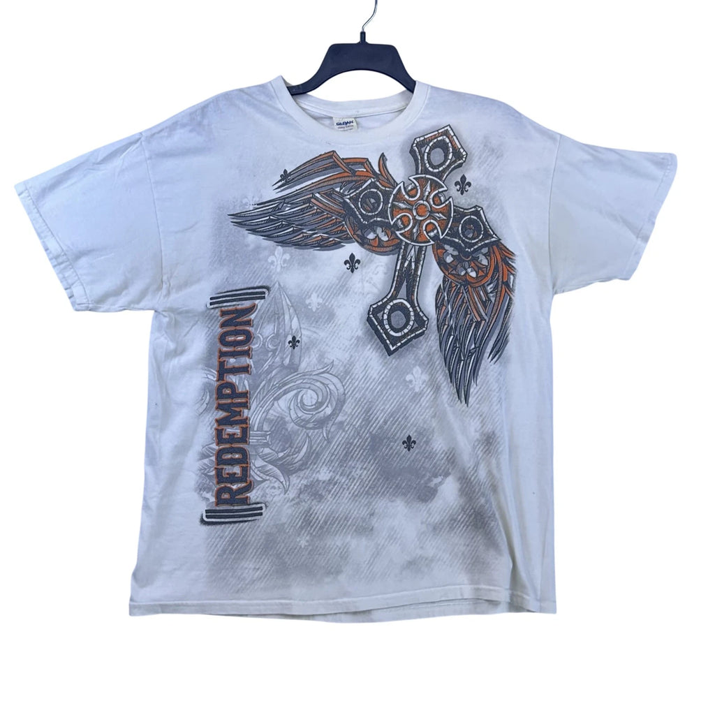 Redemption Y2K Shirt Mens Extra Large White Cross Wings Fleur-de-Lis Graphic Tee