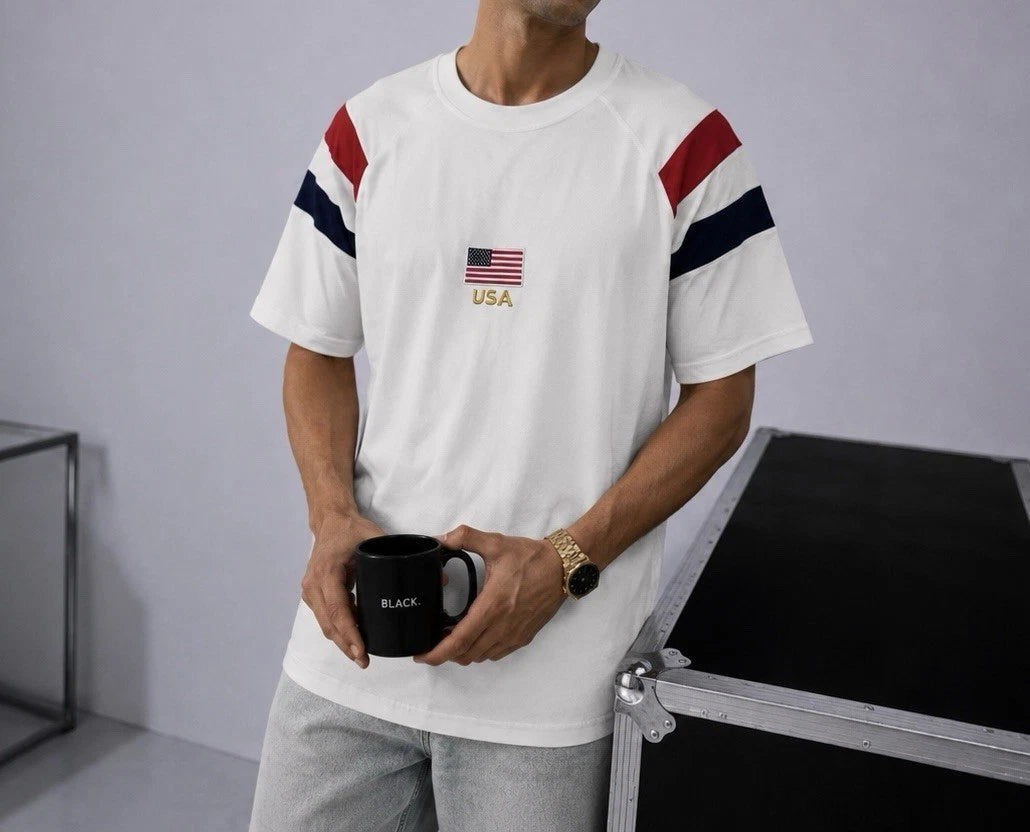 Vintage USA Flag Embroidered Oversized Football T-Shirt,Retro Soccer Stree