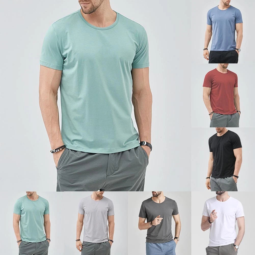 Men Casual T-Shirt Solid Color O-Neck Short Sleeve Slim Fit Top Summer Wear