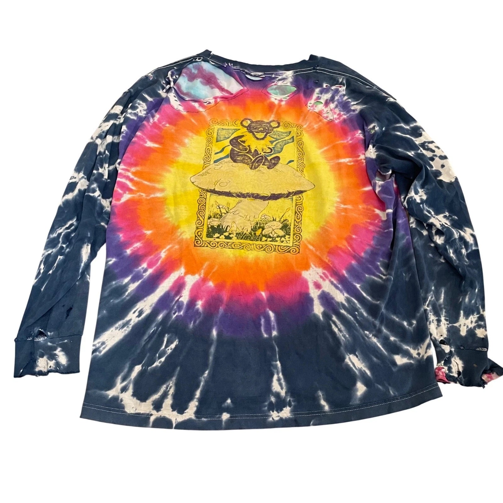 Grateful Dead Dancing Bear Mushroom Tie Dye Long Sleeve Distressed Shirt XL