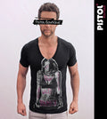 Pistol Boutique mens Fitted Black Deep V neck GRAFFITI TATTOO WORDS GIRL T-shirt